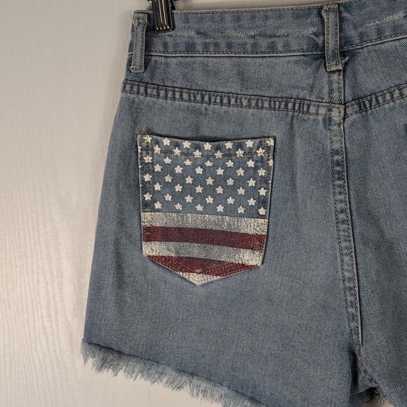 Women's Blue Denim Shorts American Flag Distressed Cut-Off USA Cheeky Size Small - Picture 2 of 9